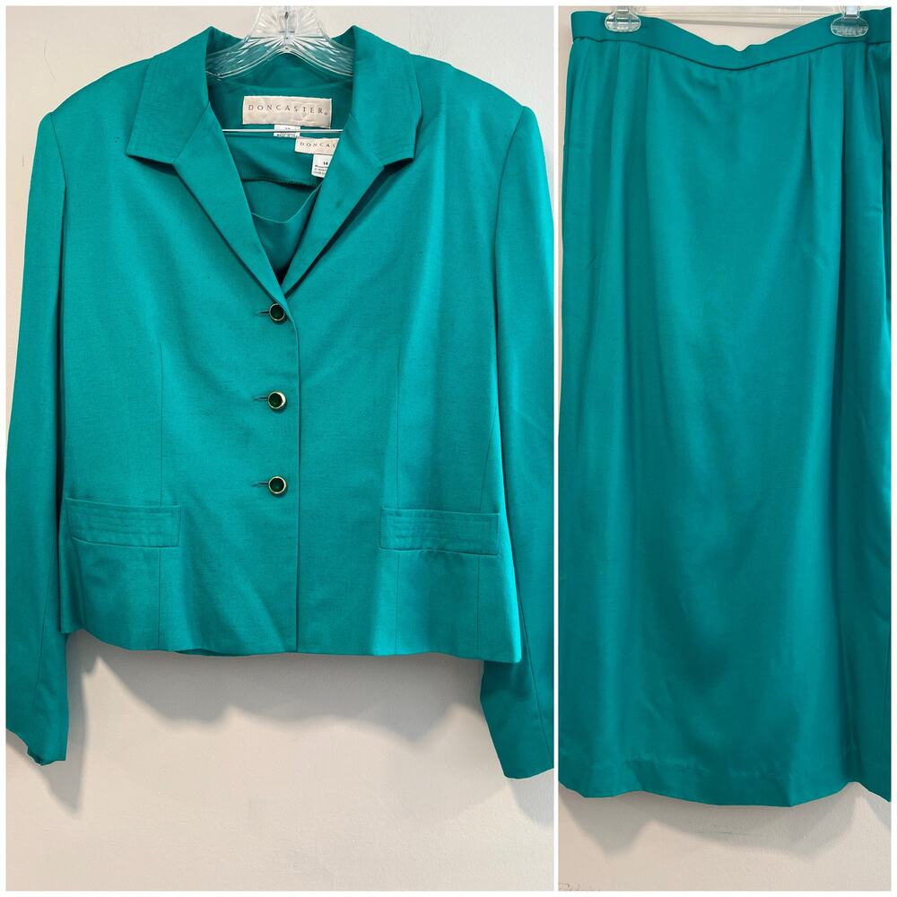 VTG Doncaster 3 Pc Skirt Set Teal Green Viscose Blazer Tank Pants Size 12/14 SG
